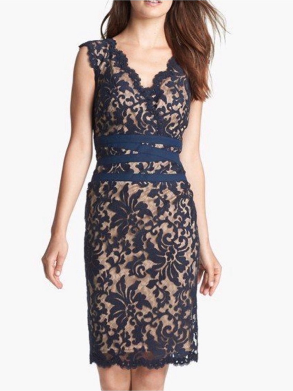 Tadashi Shoji Navy Lace Midi Dress with Nude Underlay